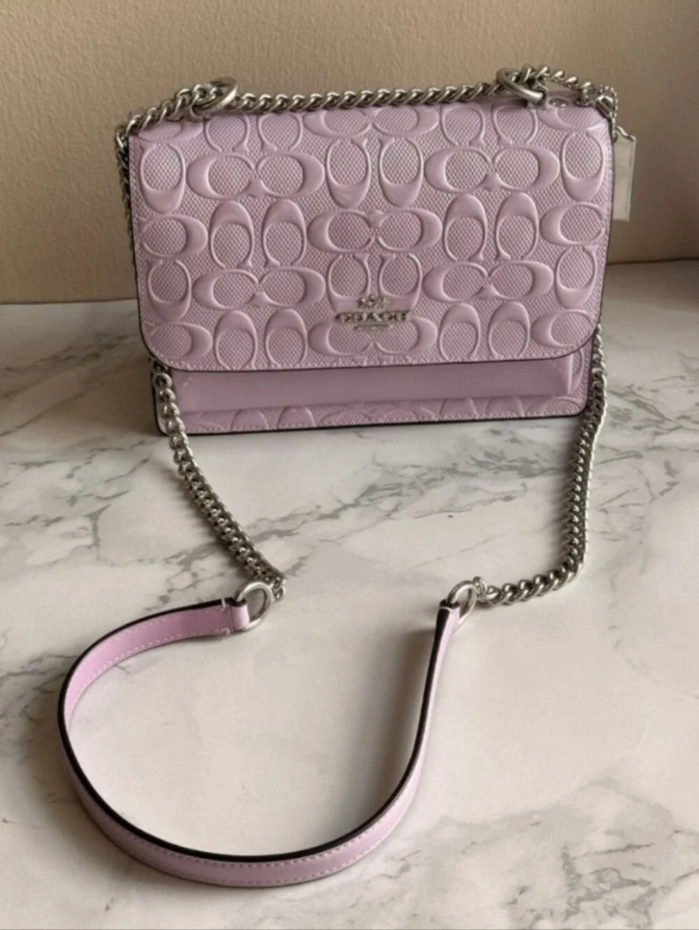 Coach Klare Crossbody In Signature Leather Silver/Light Violet and wallet